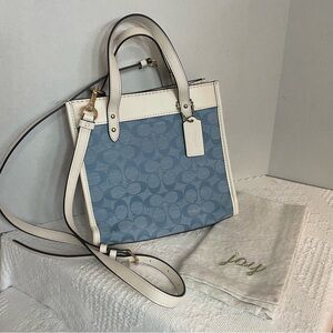 Coach Field Tote with Signature Chambray ~~Blue and Ivory Tote